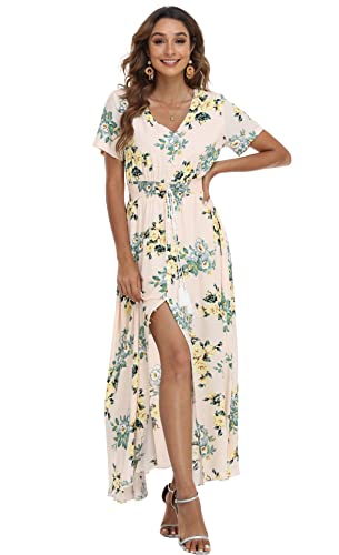 Image of VintageClothing Women's Floral Maxi Dresses Boho Button Up Split Summer Casual Long Dress Beach Party Dress