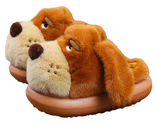 Furry Puppy Slippers for Women Fleece Lined Warm Winter Slides Cute Fuzzy Dog House Shoes Indoor Outdoor