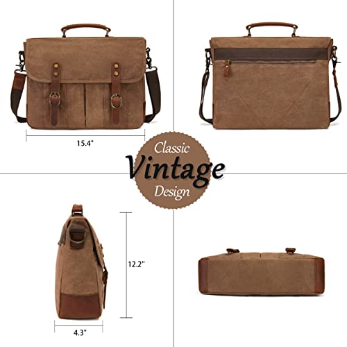 Mens Messenger Bag 15.6 Inch Waterproof Vintage Genuine Leather Waxed Canvas Briefcase Retro Office Computer Laptop Bag Large School Satchel Shoulder Bag For Men Women, Brown #TOP7