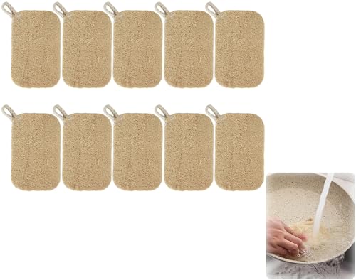 karonpeln 10枚セット ヘチマたわし たわし 天然ヘチマブラシ キズつけない キッチンスポンジ 食器洗い 皿洗い 台所用スポンジ 油汚れ落としやすい コゲ落とし 柔らかく 泡立ち 水切れ 無毒 無臭 再利用可能 ステンレス鍋 陶器 ガラス食器 レンジ周りお掃除 キッチン用品 吊り下げロープ付きの商品画像（Amazon）