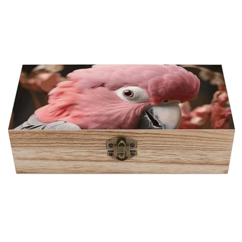 FekiLoot Caja de recuerdos de madera de cacatúa rosa y gris, caja del tesoro de memoria, pequeño cofre del tesoro de madera, baúl decorativo para recuerdos, para manualidades y almacenamiento de fotos
