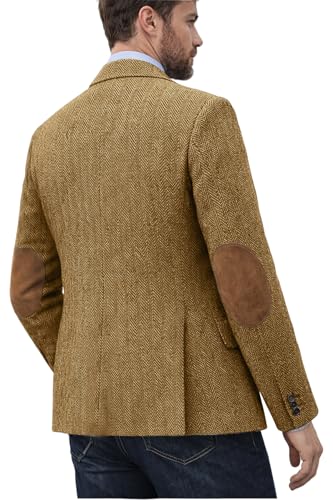DRCUIVS Men's Herringbone Tweed Blazer Elbow Patch Business Casual Sport Coat Notch Lapel Single Breasted Tailored Suit Jacket for Wedding Travel Thanksgiving Dinner Party Khaki XX-Large