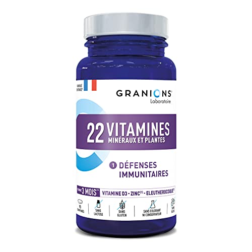 GRANIONS 22 VITAMINES, MINERAUX, PLANTES IMMUNITE - 150 µg d'IODE 100% des AR - Vit A B C D3 E + oligoelements Zinc Magnésium + Ginseng sibérien - 90 comprimés - Format ECO 3 mois - Made in France Cover
