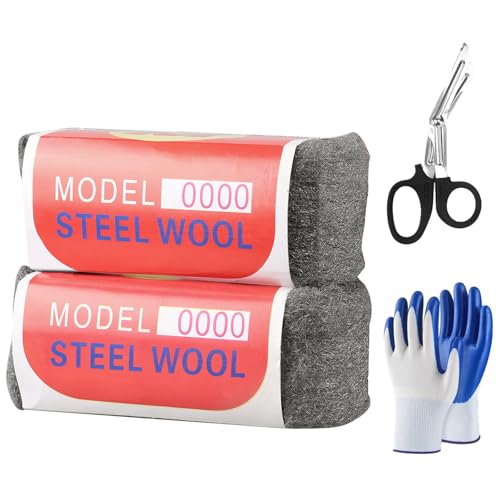 Lana de Acero,2 Rollos 0000 Lana de Acero, Lanas de Aceros Recortable, Limpieza de Persianas de Plástico, con Tijeras y Guantes, para Rellenar Agujeros y Grietas en Paredes, para Limpiar y Pulir