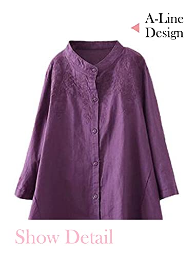 Minibee Women's Cotton Linen Shirt High Low Button Down Embroidered Blouse Long Sleeve Tunic Tops With Pocket Purple L #TOP3