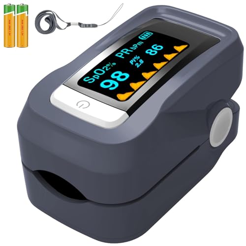 Pulse Oximeter with Alarm, Customizable Alarm Values, Pulse Oximeter with Beep-Beep Audible Alarm, Spo2 Pulse Oximeter, Oxymeter Oximetro with Battery and lanyard (Grey