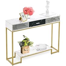 ivinta Console Table with Storage Shelves and Drawer, Sofa Table with Gold Metal Frame for Living Room, Bedroom, Kitchen, Foyer, and Hallway CONS-81 White and Gold