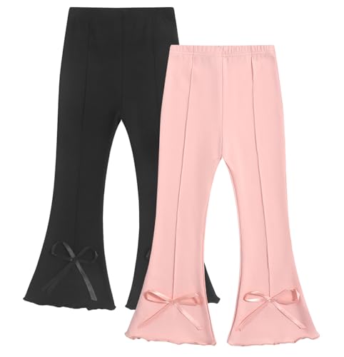 VZF Toddler Girl Flare Pants Cotton Bell Bottoms 2 Pack Solid Girls Flare Leggings Elastic Waist Trousers, Pink + Black, 4T