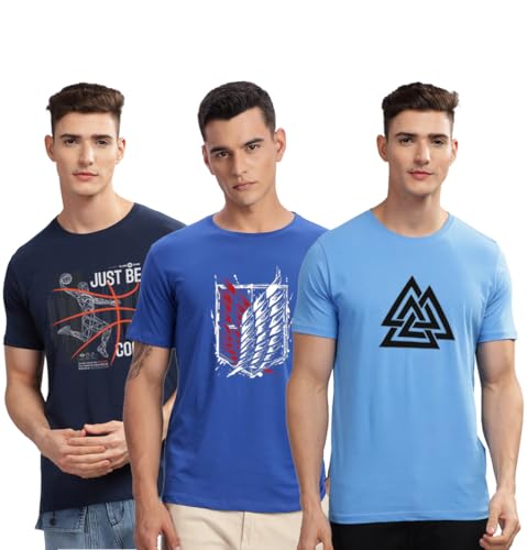 Image of ADRO 100% Cotton Lycra Tshirts for Men Combo Pack of 3 | Regular Fit | Printed T Shirt | Round Neck Half Sleeve| Mens Tshirts
