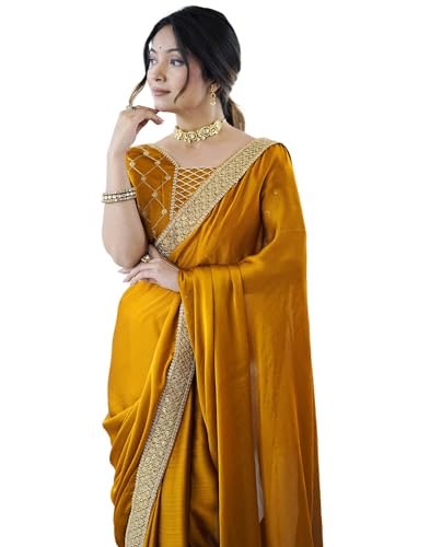 Image of SIRIL Women's Chiffon Sequence Embroidery Lace Saree with Unstitched Blouse Piece