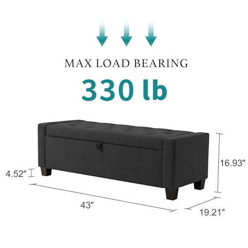 Image of Huatean Home 43 inch Ottoman with Storage, Storage Ottoman Bench with Safety Hinge, Upholstered Entryway Bench with Seating for Bedroom, Living Room, Holds up to 330 lb, Dark Gray