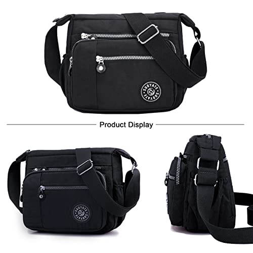 Womens Multi Pocket Casual Canvas Crossbody Bag Travel Purse Messenger Handbag for Shopping Hiking Daily Use (Black) - Image 2