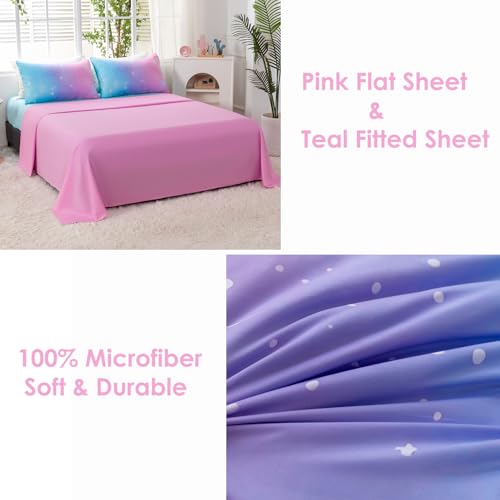 Image of 6 Pcs Pink Blue Glitter Comforter Set Queen Size Colorful Rainbow Tie Dye Girls Bedding Galaxy Ombre Kids Bed in A Bag with Sheets (Pink Blue, Queen)