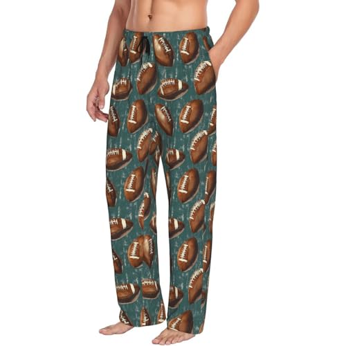 Mens Pajama Pants - Vintage Green Football Print Soft Sleep Lounge Pants For Men, Casual Pj Bottoms With Pockets