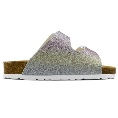 Genuine Leather Suede Cork Footbed Kids Sandals Boys Girls Slide with Arch Support Summer Non-slip Cork Glitter Colorful Toddler Slippers with Adjustable Straps for Indoor & Outdoor3