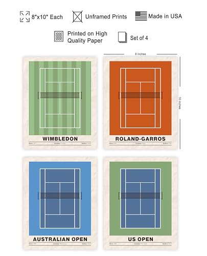 Monem Art 4-Piece Sports Print - Tennis Poster - Sport Tournament Art - Grand Slam Wall Design - US & Australian Open Print - Great Gym, Living Room or Office Decor - 8x10 UNFRAMED