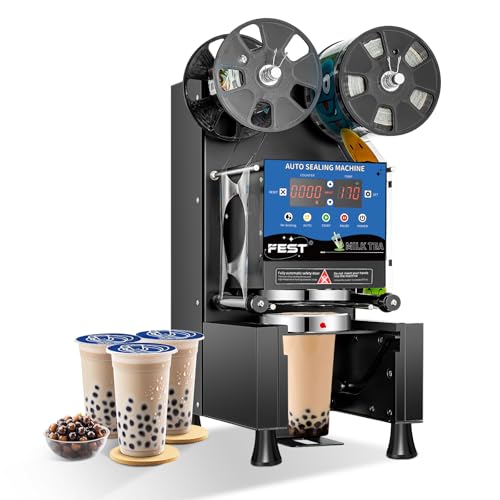 FEST Fully Automatic Cup Sealing Machine, Electric Commercial Cup Sealer for Bubble Tea, Milk Tea, Coffee & Juice, Fits 90–95mm PP/PET/Paper Cups, 500–600 Cups/h, Digital Temperature Control, Black