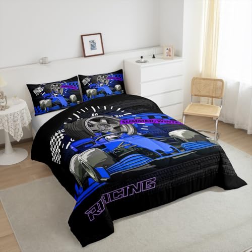 Image of Feelyou Kids Racing Car Duvet Insert Queen Size, Extreme Sports Comforter Set Boys Girls Karting Road Bedding Set Teens Bedroom Decor Microfiber Bed Set