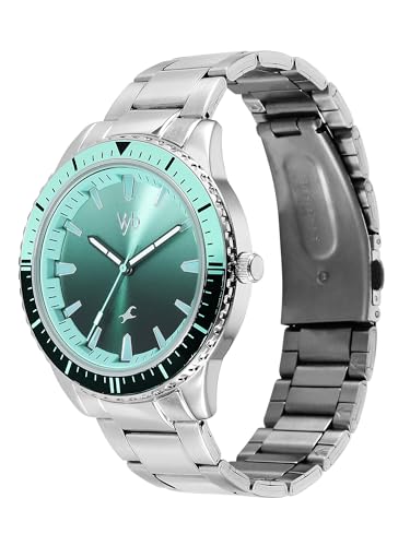 Image of Fastrack Vyb Hustler with Quartz Analog Green Dial Steel Strap Watch for Men - FV30050KM01