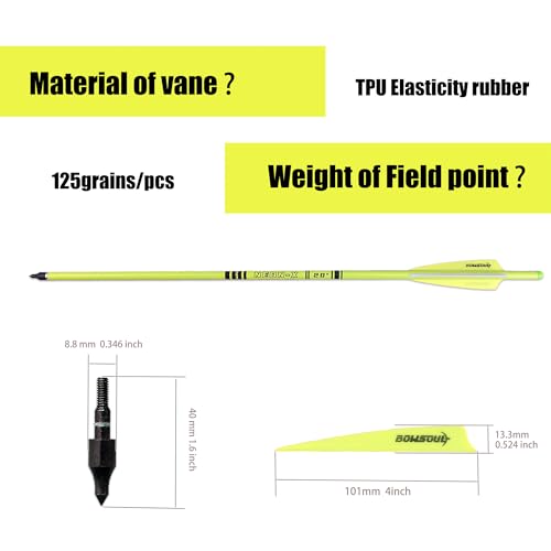 BOWSOUL Crossbow Bolts 20inch Fluorescence Color Carbon Crossbow Hunting Arrows with 4\" Vanes and Replaced Arrowhead(12 Pack) (Fluorescein Yellow)