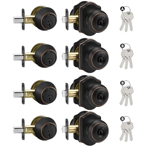 Goldenwarm Oil Rubbed Bronze Exterior Door Knob and Single Cylinder Deadbolt, Keyed-Different Entry Locksets with Lock and Key 4 Pack Set by Goldenwarm - Used condition - US$64.72