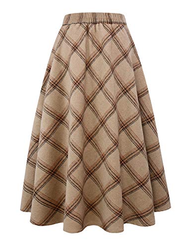 IDEALSANXUN Womens High Elastic Waist Maxi Skirt A-line Plaid Winter Warm Flare Long Skirt (Medium, Long Khaki)