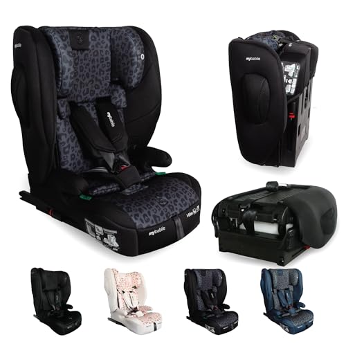 My Babiie MBCS80 Foldable Toddler to Booster R129 Child Car Seat - ISOFIX with Top Tether, Harness, 76-150cm (Approx. 9-36kg, 15 Months - 12 Years), i-Size, Group 1/2/3, Forward Facing - Black Leo