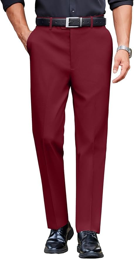COOFANDY Mens Casual Formal Pant Fitted Business Suit Pant Stretchy Dress Slack Dark Red