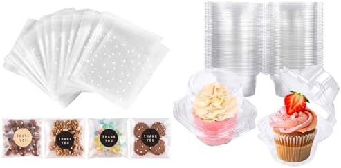 NPLUX Bundle of 100PACK Self Sealing Cellophane Bags and 25 Pack Individual Cupcake Containers for Candy with Stickers image 5