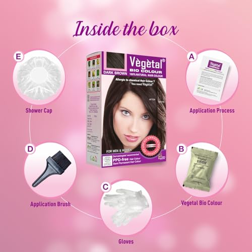 Vegetal Bio Colour Dark Brown 150g, 100% Herbal and Organic Hair Color, Ammonia-Free, PPD-Free, Semi-Permanent Dye for Men and Women, Protects UV and Maintains Luster, Complete Kit Included