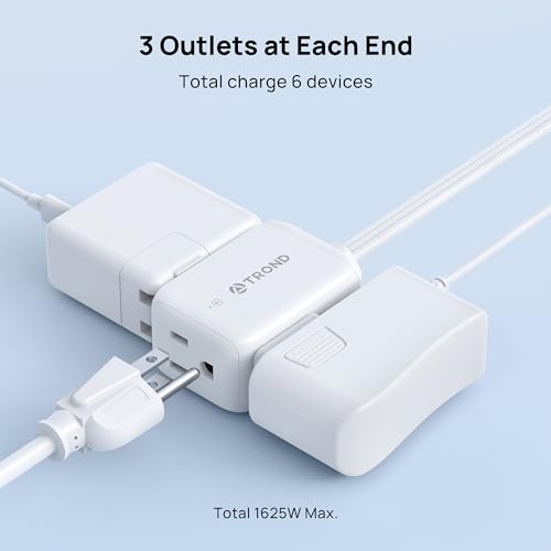 Image of TROND Split Extension Cord with Surge Protection, Twin 3ft Each Side, White | Flat Plug, Dual End 3 Outlets, 900J, 1625W, Low-Profile for Tight Spaces, Hide Behind the Middle of Sofa Couch Bed TV Stand
