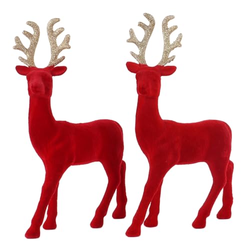 Season 2 Season Christmas Reindeer Tabletop 2 Set 12.5' H Red Flocking Standing Deer Decorations, Indoor Decorative Ornaments for Kitchen Mantle Shelf Office Home Décor