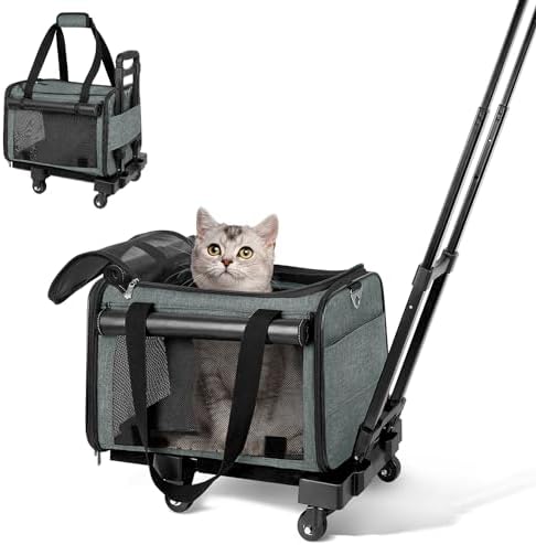 YUDODO 90°/ 45°Lightproof Pet Cat Carrier with Wheels Removable Rolling Pet Carrier with Telescopic Handle Airline Approved Dog Carrier (Front Universal Wheels + Rear Fixed Caster Wheels) Gray-Green
