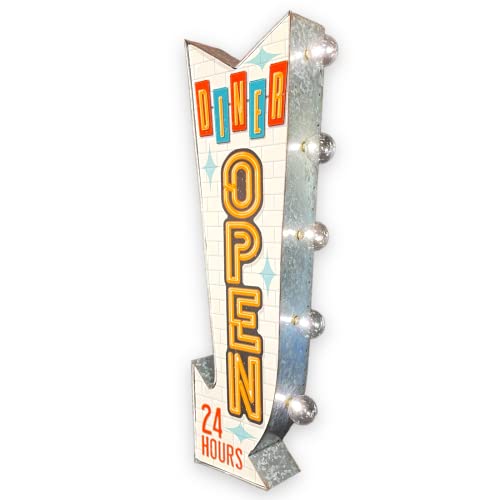 Diner Open Double-Sided Marquee Led Sign, Large 25” Battery Operated Arrow Shaped Off The Wall Sign, Vintage Inspired Retro Décor For The Home, Man Cave, Game Room, Bedroom, Garage, Or Bar #TOP2