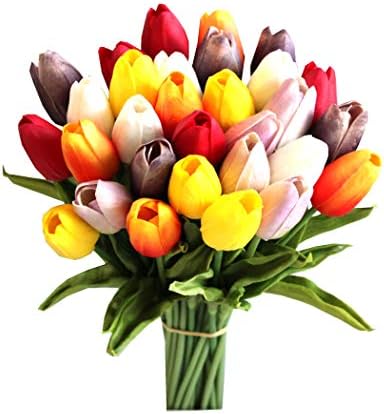 Mandy's 28pcs Multicolor Artificial Tulip Silk Flowers 13.5" for Home Kitchen Wedding Decorations
