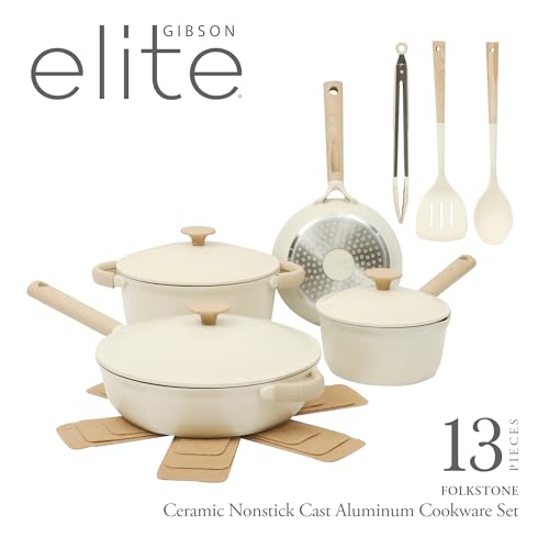Gibson Elite Folkstone 13 Piece Pots and Pans Durable Cast Aluminum PFA Free Non stick Ceramic Coating Cookware Set W/Kitchen Tools and Protective Felts - Induction Safe - Linen White W/Wood Handle by Gibson Elite - Image 2