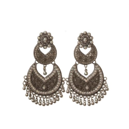 Image of Traditional Chandbali Earrings, Antique Gold and Oxidised Silver, Floral Stud, Pearl Drops, Ethnic Indian Jewellery