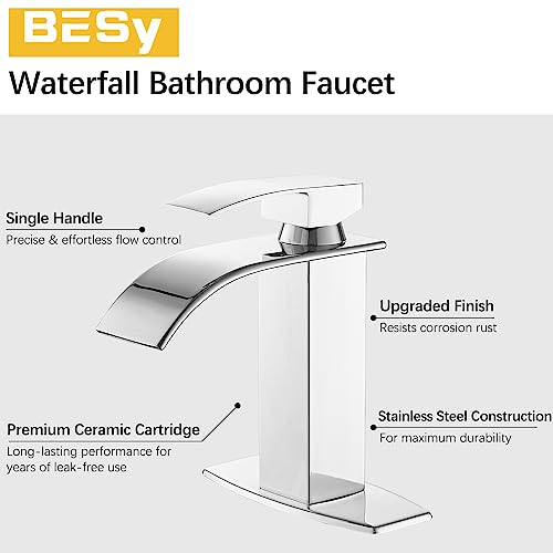 BESy Polished Chrome Waterfall Spout Bathroom Faucet, Single Handle Bathroom Sink Faucet with Pop-up Drain, Rv Vanity Faucet with Deck Plate & cUPC Supply Hoses, Polished Chrome, 1 or 3 Hole by BESy - Image 9