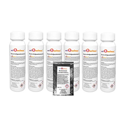 Well2wellness - Set emulsione per sauna 6 x 250 ml, cristalli di mentolo 10 g e sale esfoliante 200 g