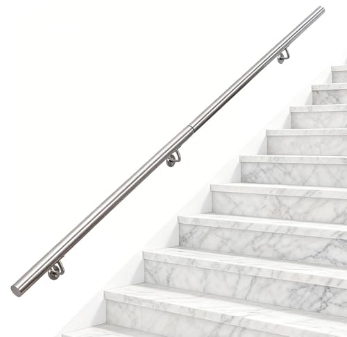 Stainless Steel Handrail Stair Handrail Magtctyae 2M/6.6FT Handrail for Stairs Banister Rail Support Kit Indoor Outdoor Wall Mounted Stair Railing with Brackets Staircase Handrail Chrome Silver