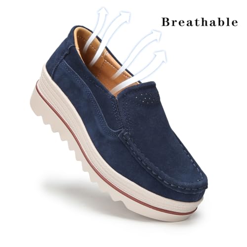Ruiatoo RT-522-SHENLAN-41 Women Platform Slip On Loafers Comfort Suede Wedge Shoes Low Top Moccasins,Deep Blue,Size 9 thumb #2
