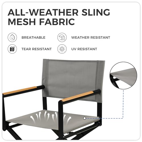 Grand patio Extra-Wide 2-Pack Directors Chairs, Folding Dining Chair Set of 2 with Sling, Woodgrain Armrests, Outdoor, Gray - Thumbnail 7