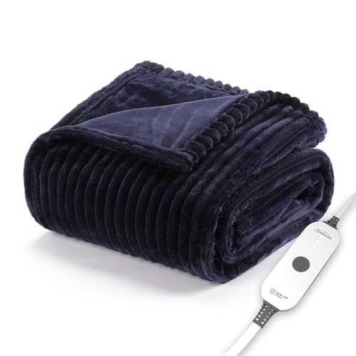Sunbeam Royal Posh Velvet Heated Throw Electric Blanket, 50" x 60", 4 Heat Settings, 4-Hour Auto Shut-Off, Warming Throw for Couch, Fast Heating, Machine Washable, Warm and Cozy, Ribbed Admiral Blue by Sunbeam - Used condition - US$35.53