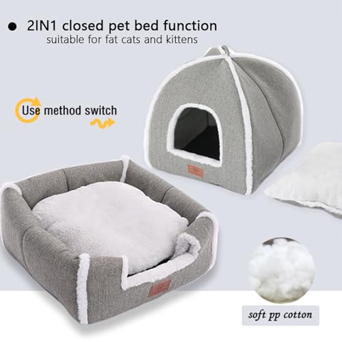 Katzenbetten für Hauskatzen, Faltbare Katzenbetthöhle, Katzenhaus mit waschbaren Kissen, Katzenbett für Kätzchen, kleine Haustiere, Katzenzelt, weiches und warmes Katzenhaus für drinnen, Grau