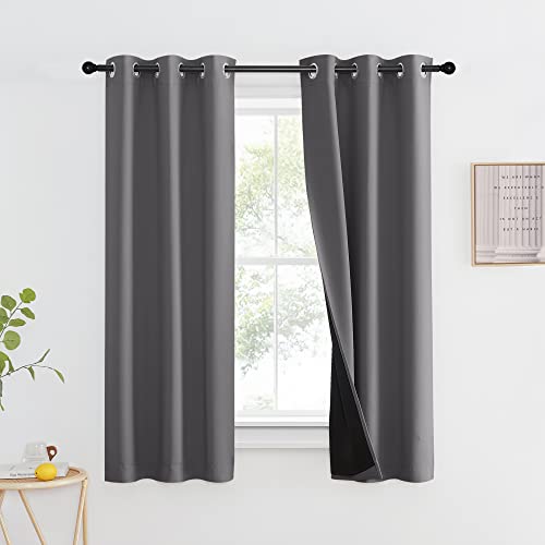 NICETOWN 100% Blackout Short Curtain with Black Liner, Thermal Insulated Full Blackout 2-Layer Lined Drape, Energy Efficiency Window Drapery for Bedro