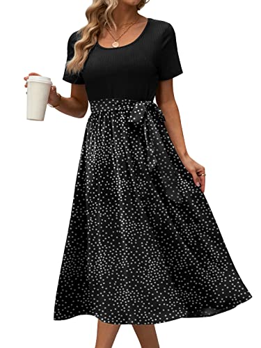 Db Moon 2023 Womens Summer Casual Short Sleeve Midi Dress Tie Waist Work Business Modest Dresses L, Black Polka Dots #TOP4
