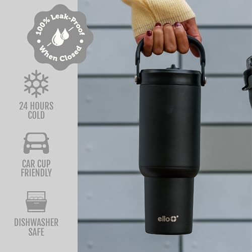 Image of Ello Oasis Go+ 26oz Tumbler with Top Handle and Retracting Straw | Reusable Insulated Stainless Steel Cup, 100% Leakproof Water Bottle, 24 Hours Cold, Cup Holder Friendly For Travel | Black