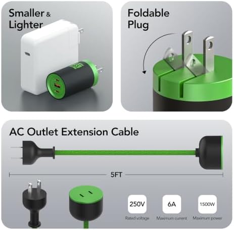 MFish 65W 3-Port GaN USB C Charger with Detachable 5Ft Cord, Cyber Green