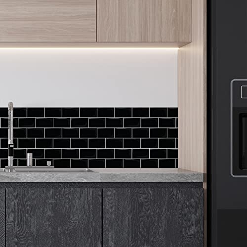 Walplus 12 Sheets Peel And Stick Kitchen Backsplash Tile Stickers Self Adhesive Stick On Subway Tile 12" X 6" Bathroom Splashback Water Heat Resistant 3D Wall Tiles Brick Pure Black Glossy #TOP2