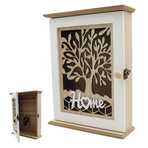 POPAPIE 1 Pièce Boîte à Clés en Bois,Boite a Clef Decorative,Armoire à clés Murale,Boîte à clés avec Motif Arbre de Vie,avec 6 Crochets Convient pour...